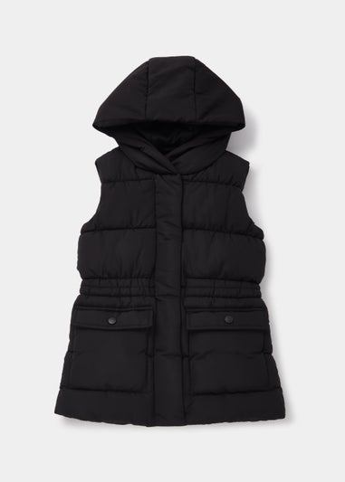 Girls Black Longline Hooded Gilet (4-13yrs)