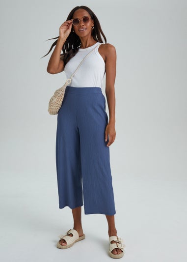 Blue Textured Cropped Trousers