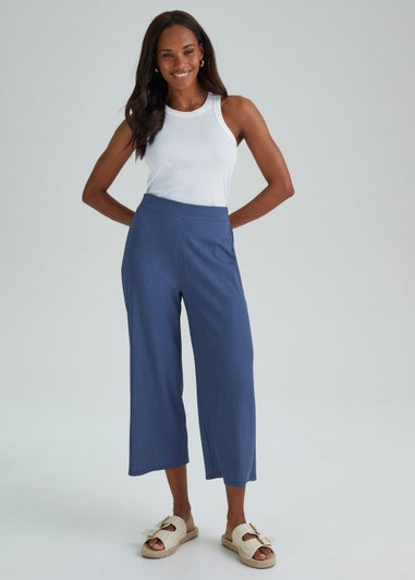Blue Textured Cropped Trousers
