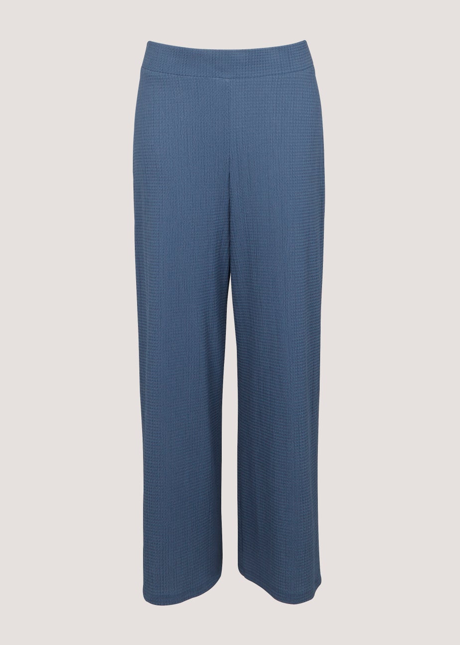 Blue Textured Cropped Trousers