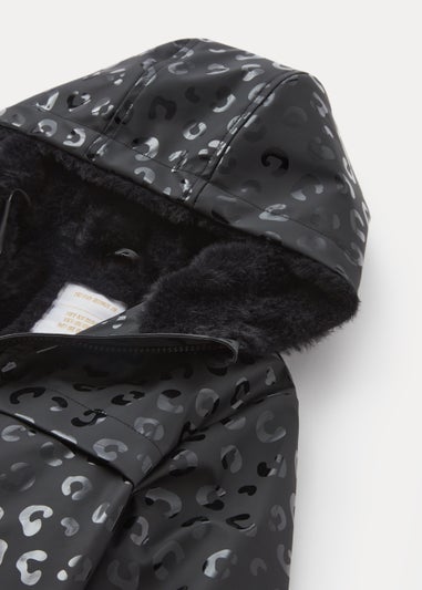 Girls Black Leopard Faux Fur Lined Mac Coat (4-13yrs)