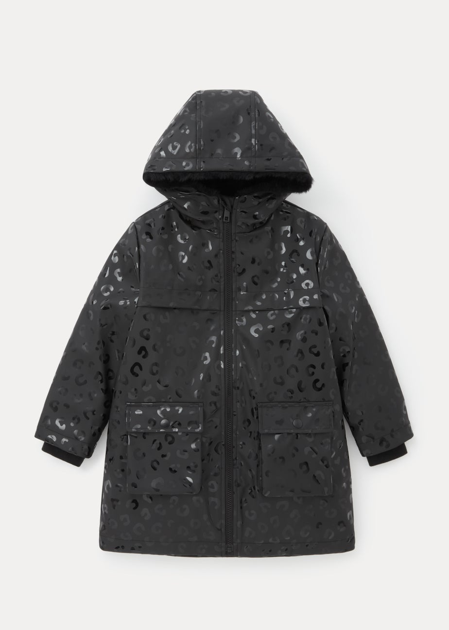 Girls Black Leopard Faux Fur Lined Mac Coat (4-13yrs)