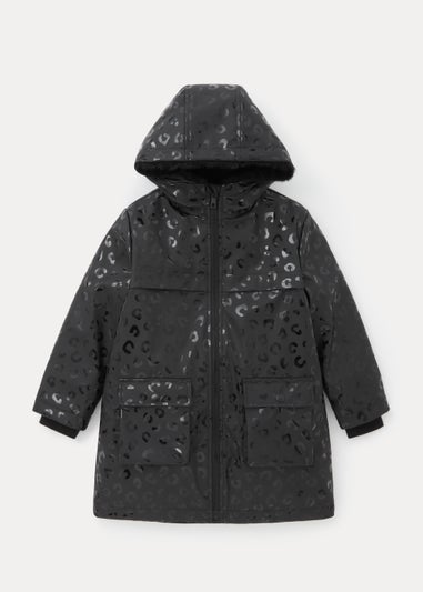 Girls Black Leopard Faux Fur Lined Mac Coat (4-13yrs)
