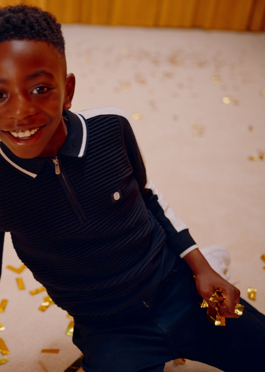 Boys Black Ottoman Zip Long Sleeve Polo Shirt (4-13yrs)