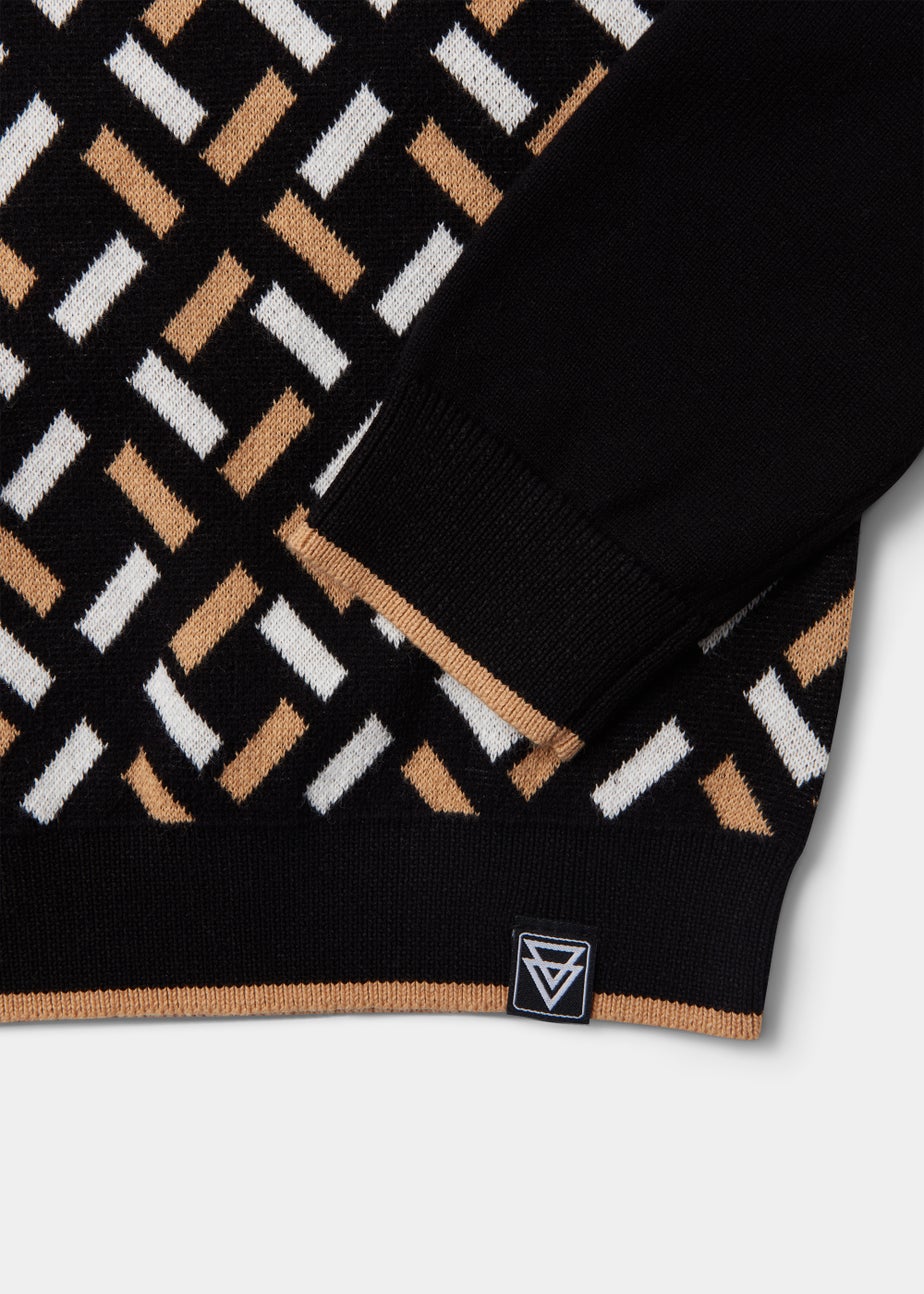 Boys Black Geo Knitted Long Sleeve Polo Shirt (4-13yrs)