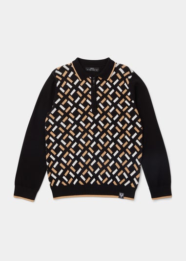 Boys Black Geo Knitted Long Sleeve Polo Shirt (4-13yrs)