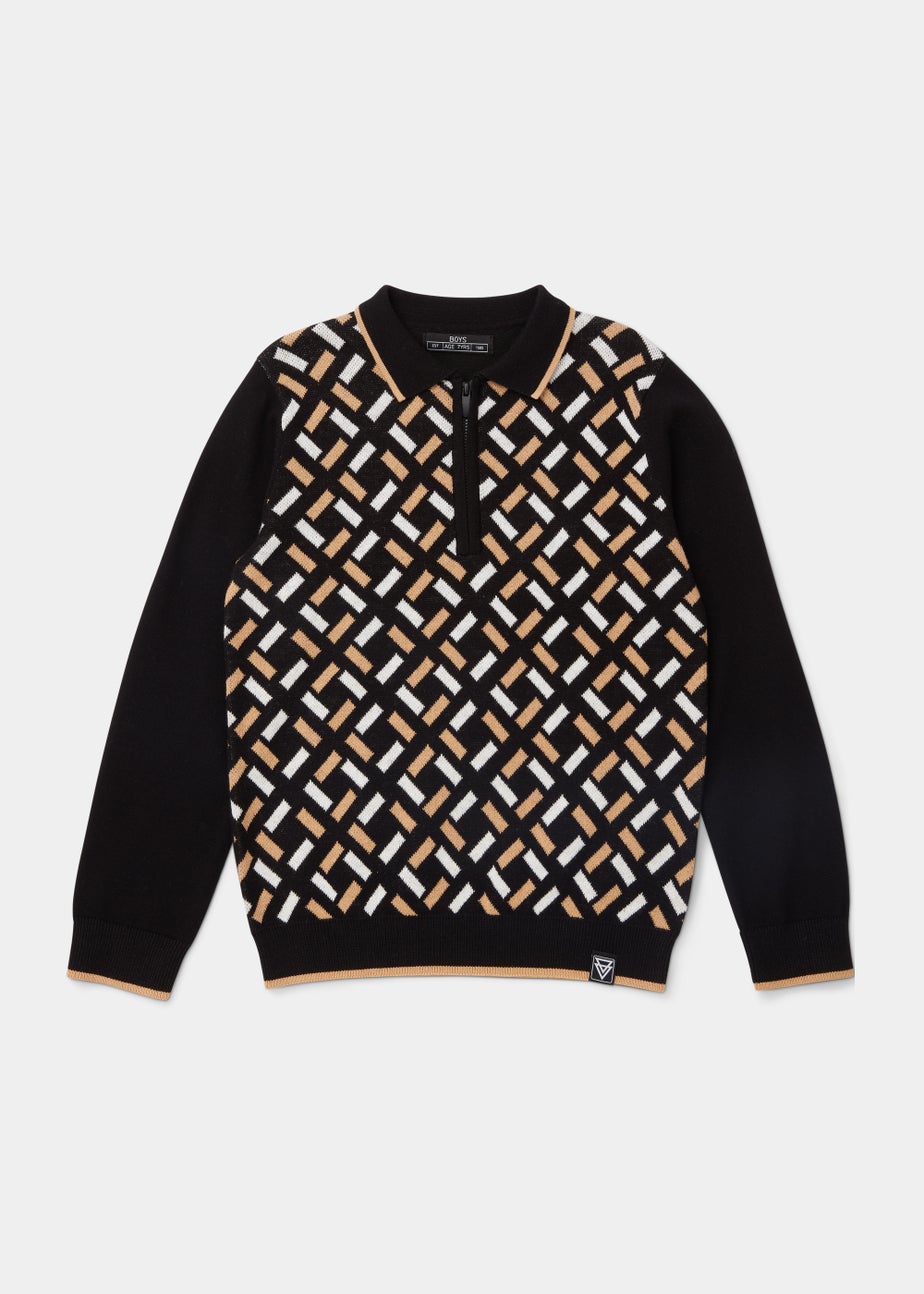 Boys Black Geo Knitted Long Sleeve Polo Shirt (4-13yrs)