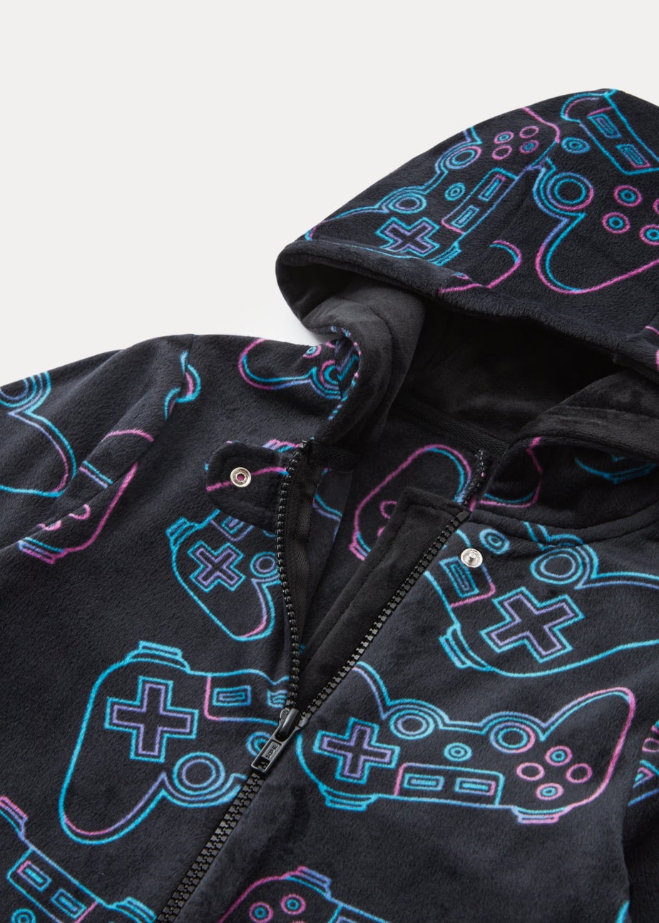 Boys Black Game Console Velour Onesie (4-13yrs)