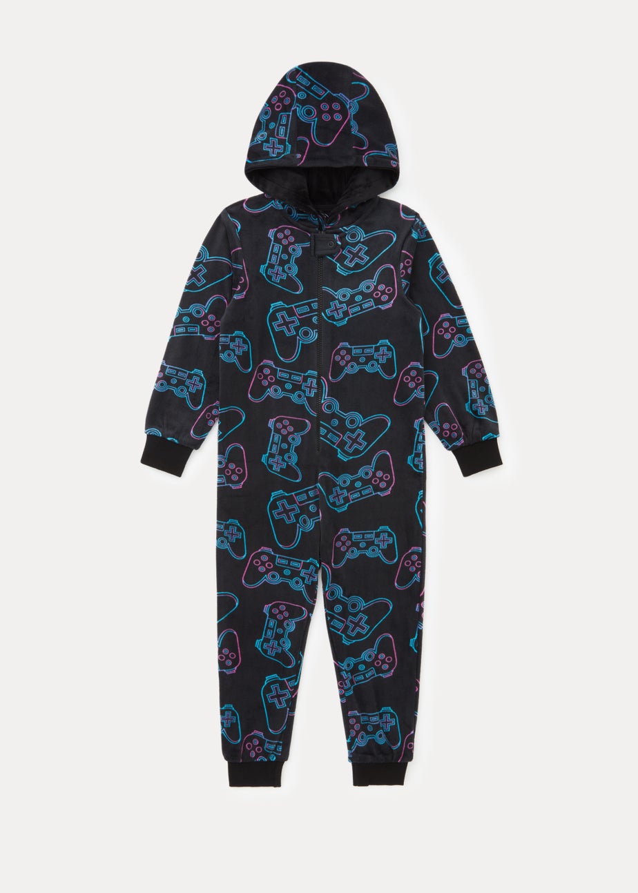 Boys Black Game Console Velour Onesie (4-13yrs)