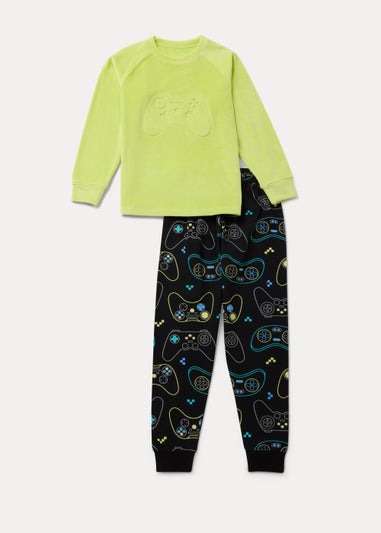 Boys Green Gamer Print Velour Pyjama Set (4-13yrs)