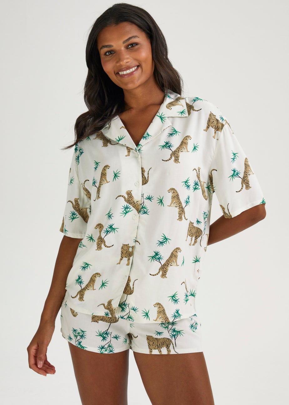 Cream Animal Print Short Traditional Pyjama Set