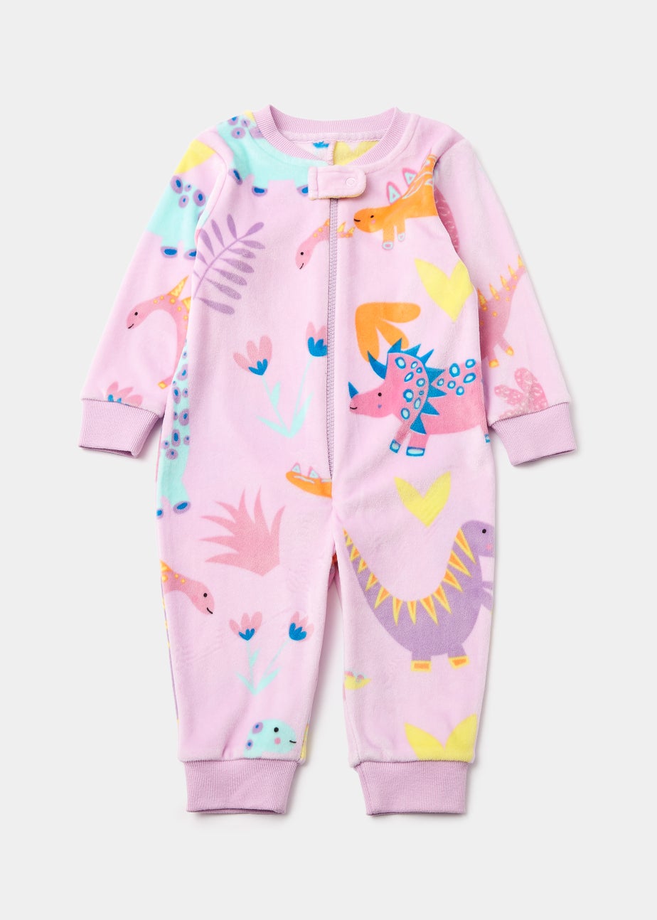 Baby Lilac Dinosaur Velour Footless Onesie (9mths-5yrs)