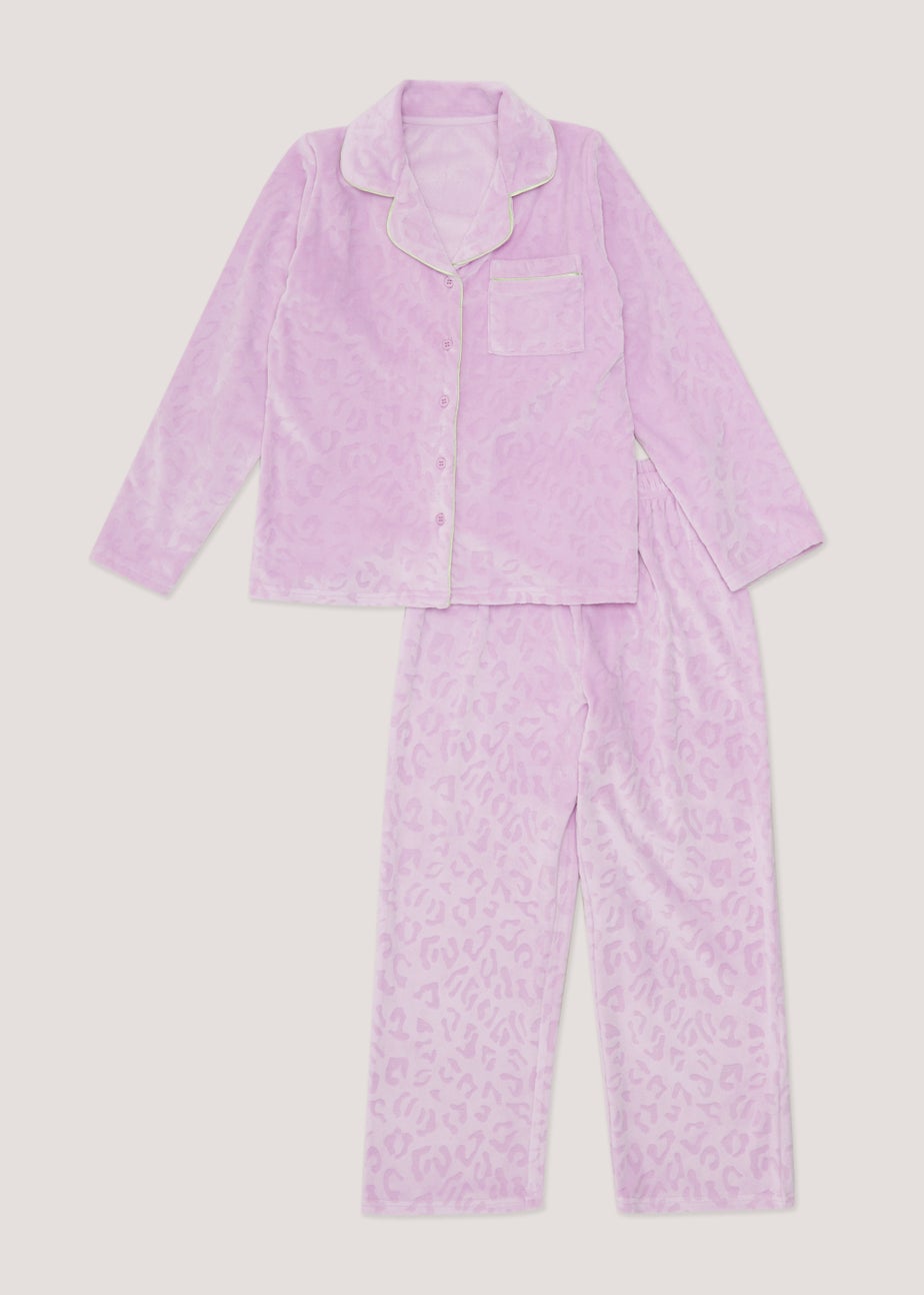 Girls Lilac Leopard Print Embroidered Fleece Pyjama Set (4-13yrs)