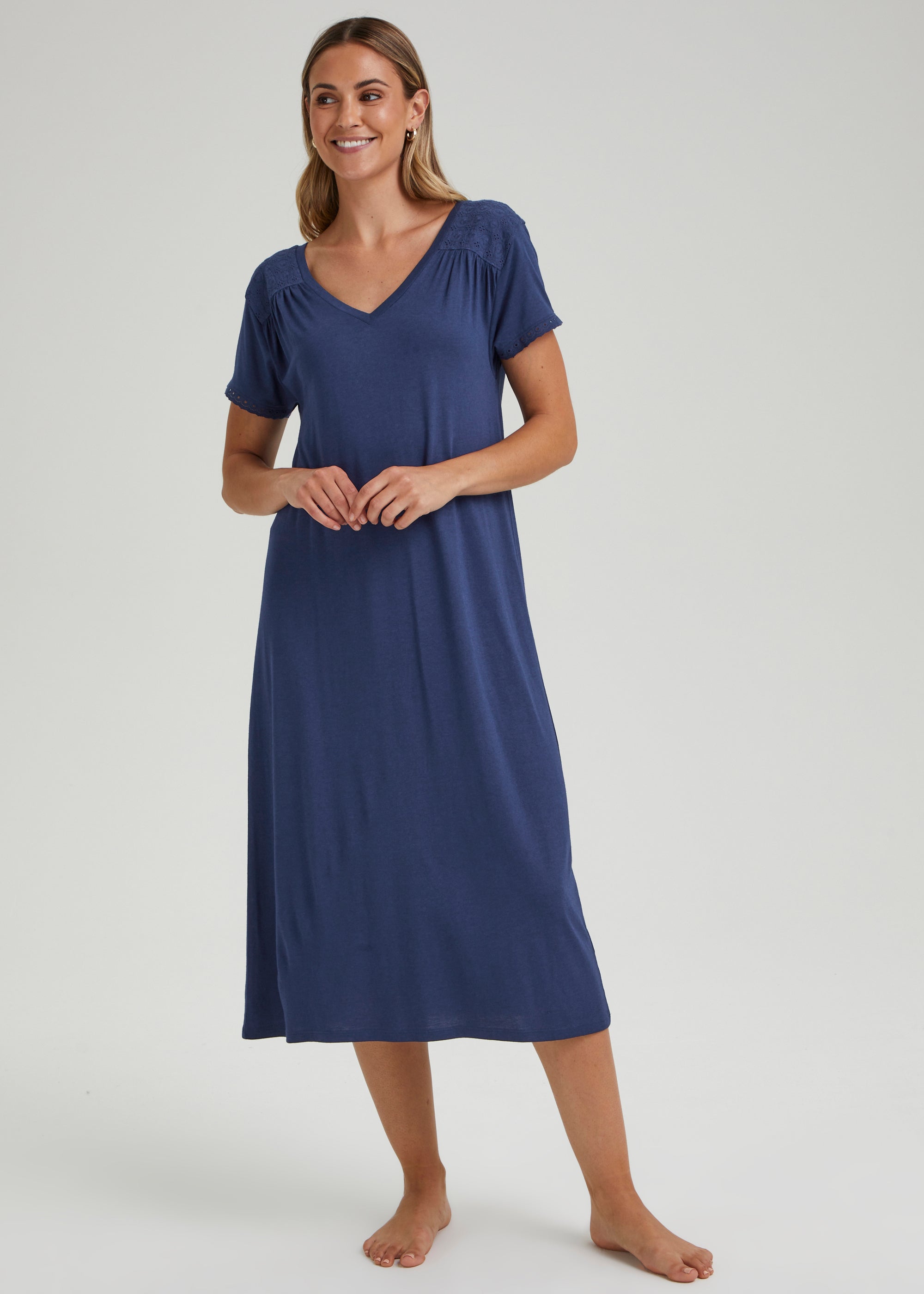 Navy Jersey Woven Nightie - Matalan