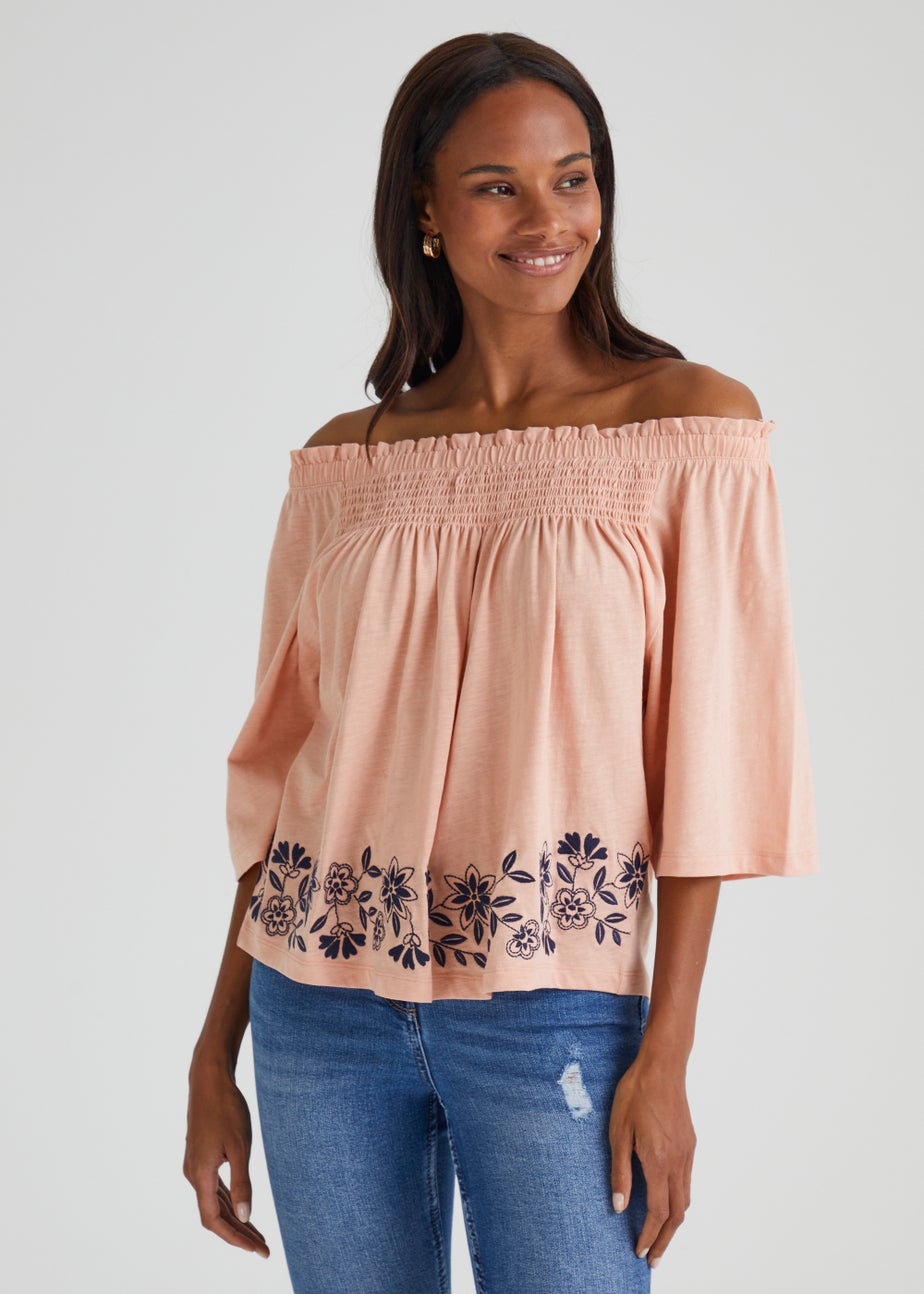 Papaya Petite Pink Embroidered Bardot Top