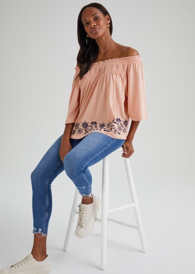 Papaya Petite Pink Embroidered Bardot Top