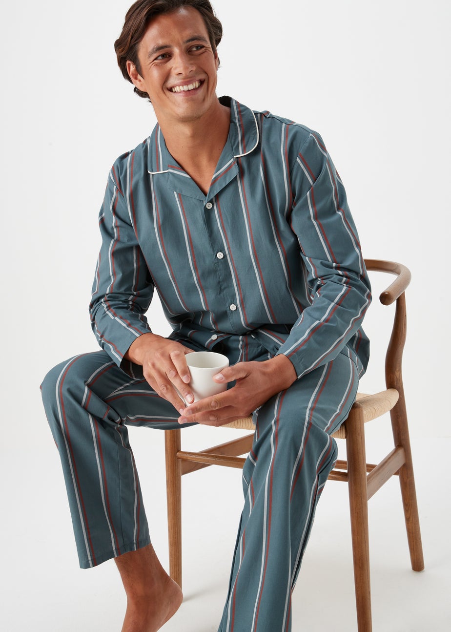 Teal Stripe Woven Button Up Pyjama Set