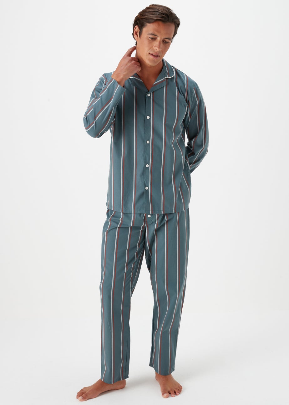 Teal Stripe Woven Button Up Pyjama Set