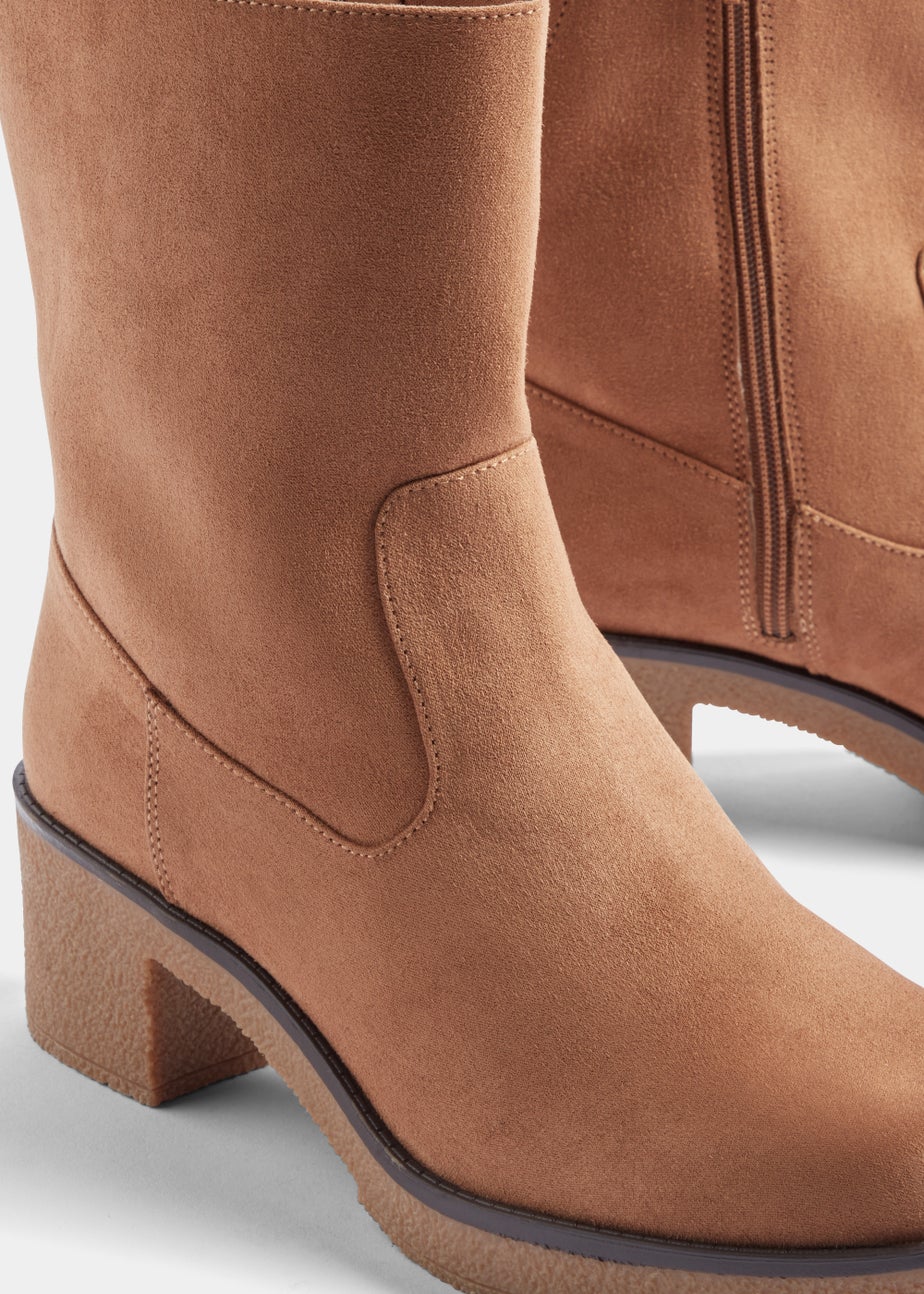 Tan Wide Fit Crepe Block Heel Boots