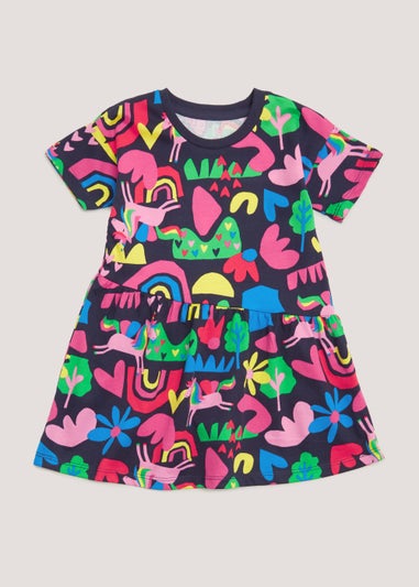 Girls Navy Unicorn Print Dress (9mths-6yrs)
