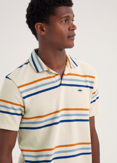Ecru Stripe Print Textured Polo Shirt