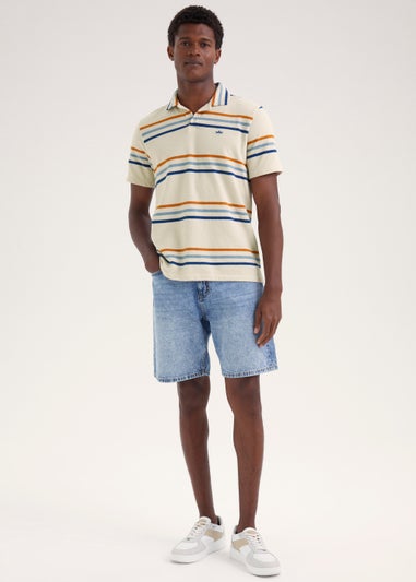Ecru Stripe Print Textured Polo Shirt