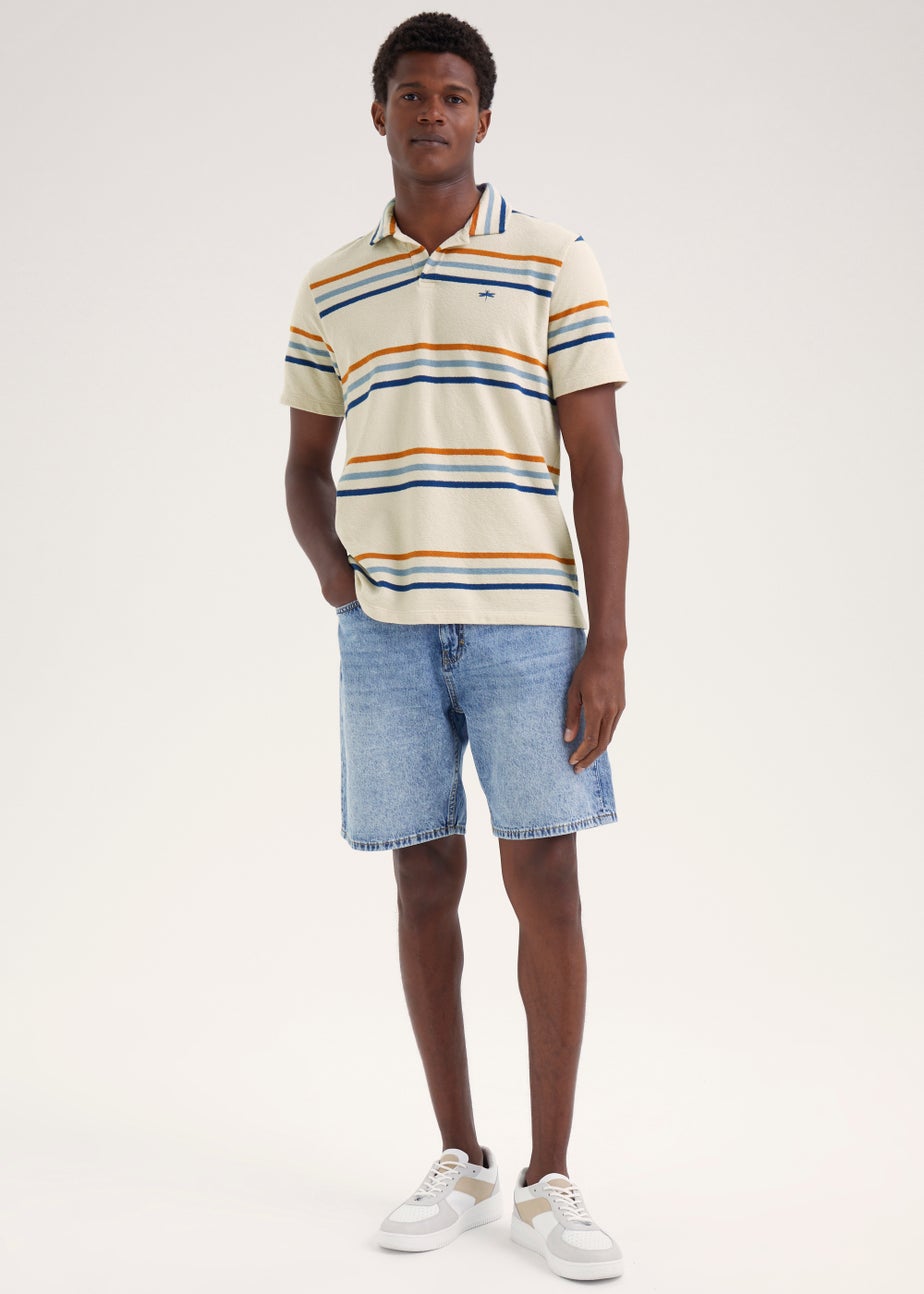 Ecru Stripe Print Textured Polo Shirt