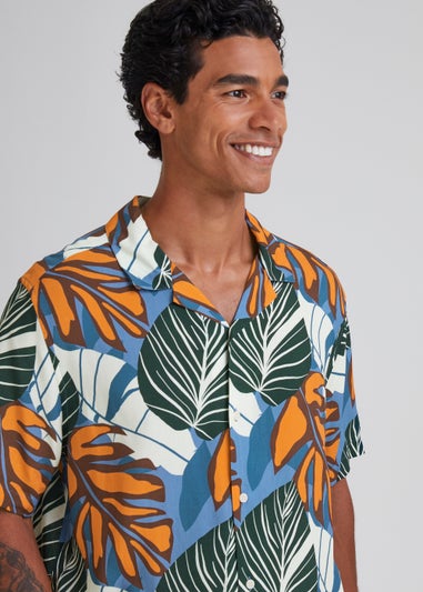 Multicoloured Leaf Print Revere Short Sleeve Shirt