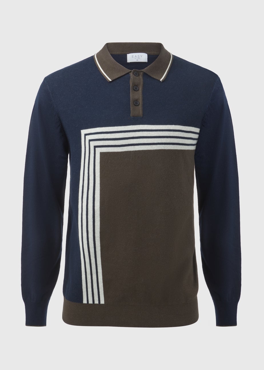 Khaki Block Print Long Sleeve Polo Shirt