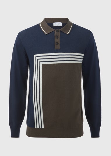 Khaki Block Print Long Sleeve Polo Shirt