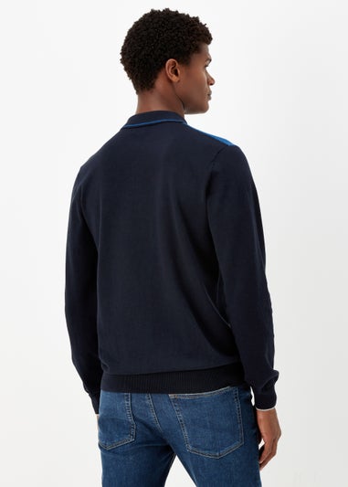 Cobalt Blue Colour Block Zip Up Long Sleeve Polo Shirt