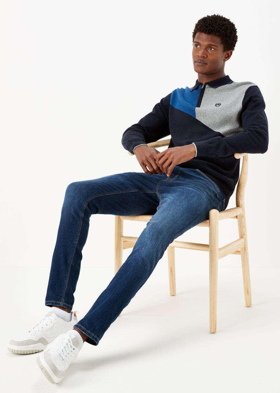 Cobalt Blue Colour Block Zip Up Long Sleeve Polo Shirt