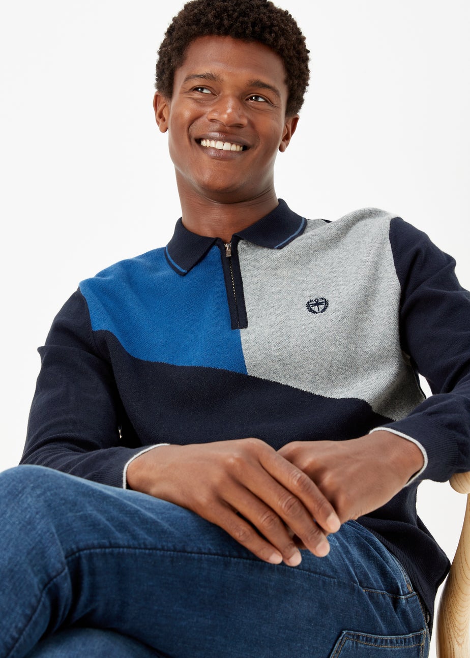 Cobalt Blue Colour Block Zip Up Long Sleeve Polo Shirt