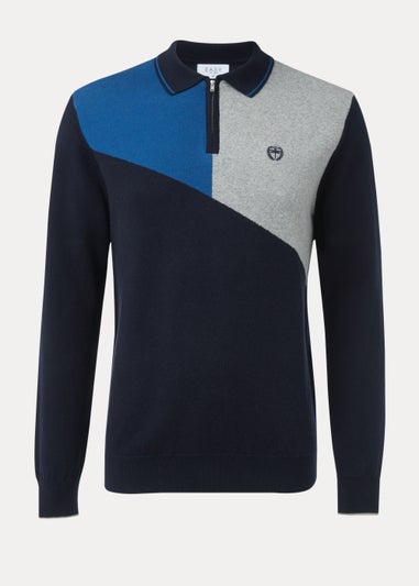 Cobalt Blue Colour Block Zip Up Long Sleeve Polo Shirt