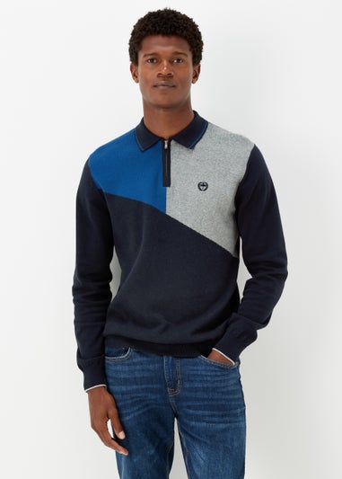 Cobalt Blue Colour Block Zip Up Long Sleeve Polo Shirt