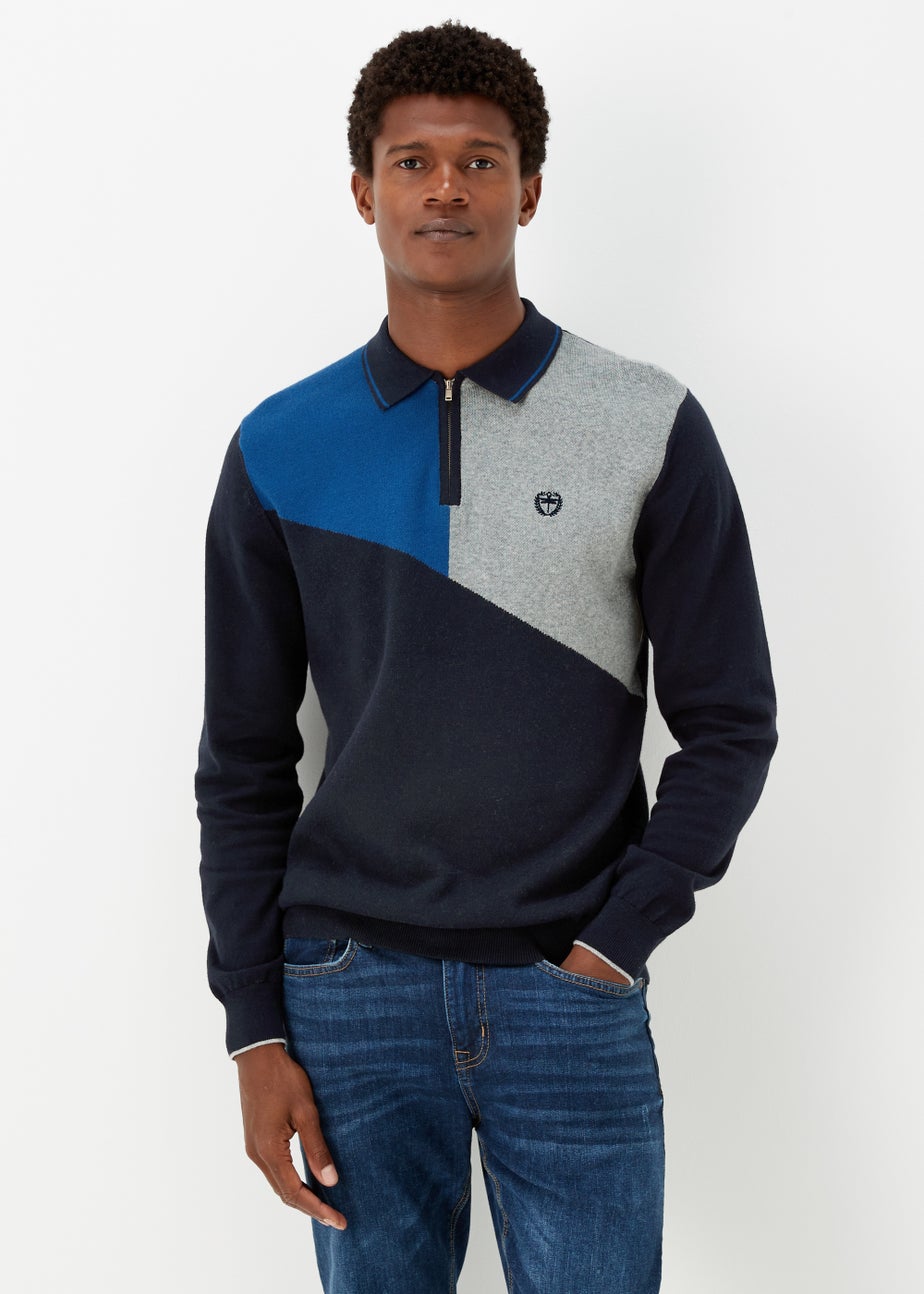 Cobalt Blue Colour Block Zip Up Long Sleeve Polo Shirt