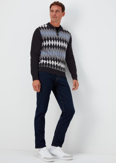 Grey Argyle Print Long Sleeve Zip Up Polo Shirt