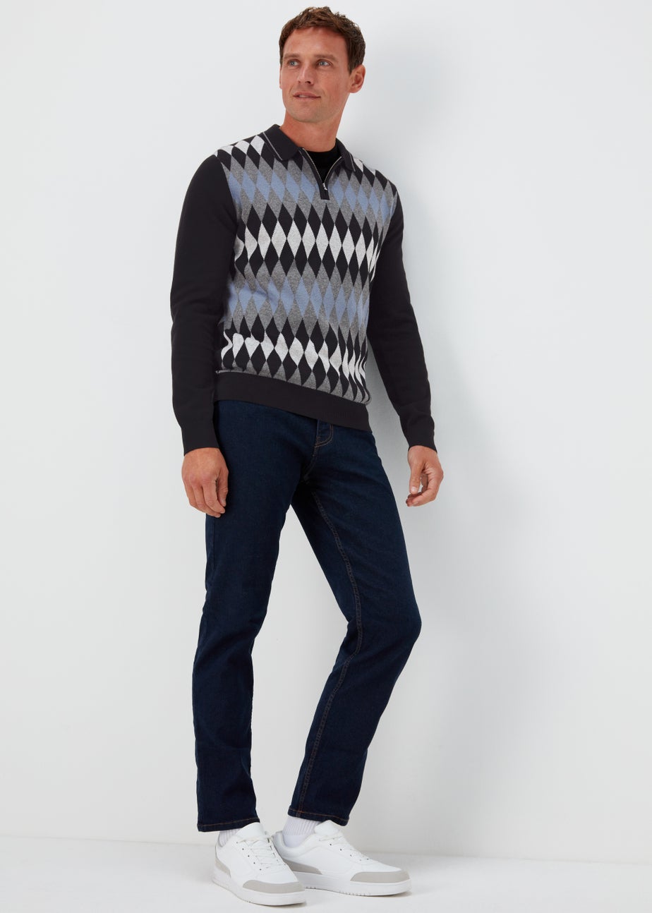 Grey Argyle Print Long Sleeve Zip Up Polo Shirt