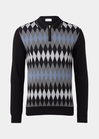 Grey Argyle Print Long Sleeve Zip Up Polo Shirt