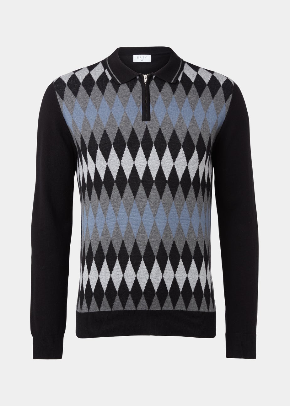 Grey Argyle Print Long Sleeve Zip Up Polo Shirt