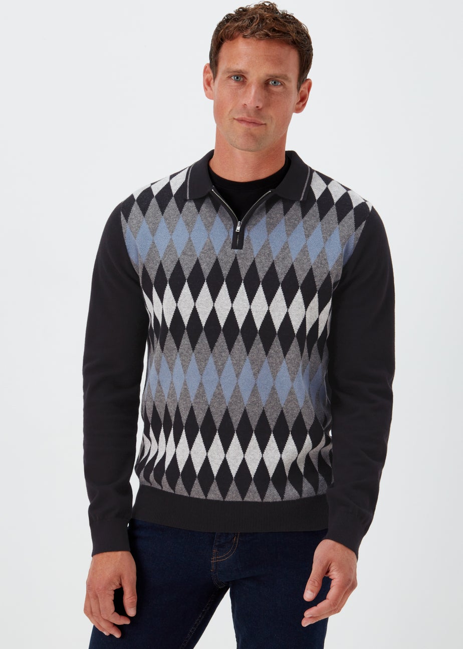 Grey Argyle Print Long Sleeve Zip Up Polo Shirt