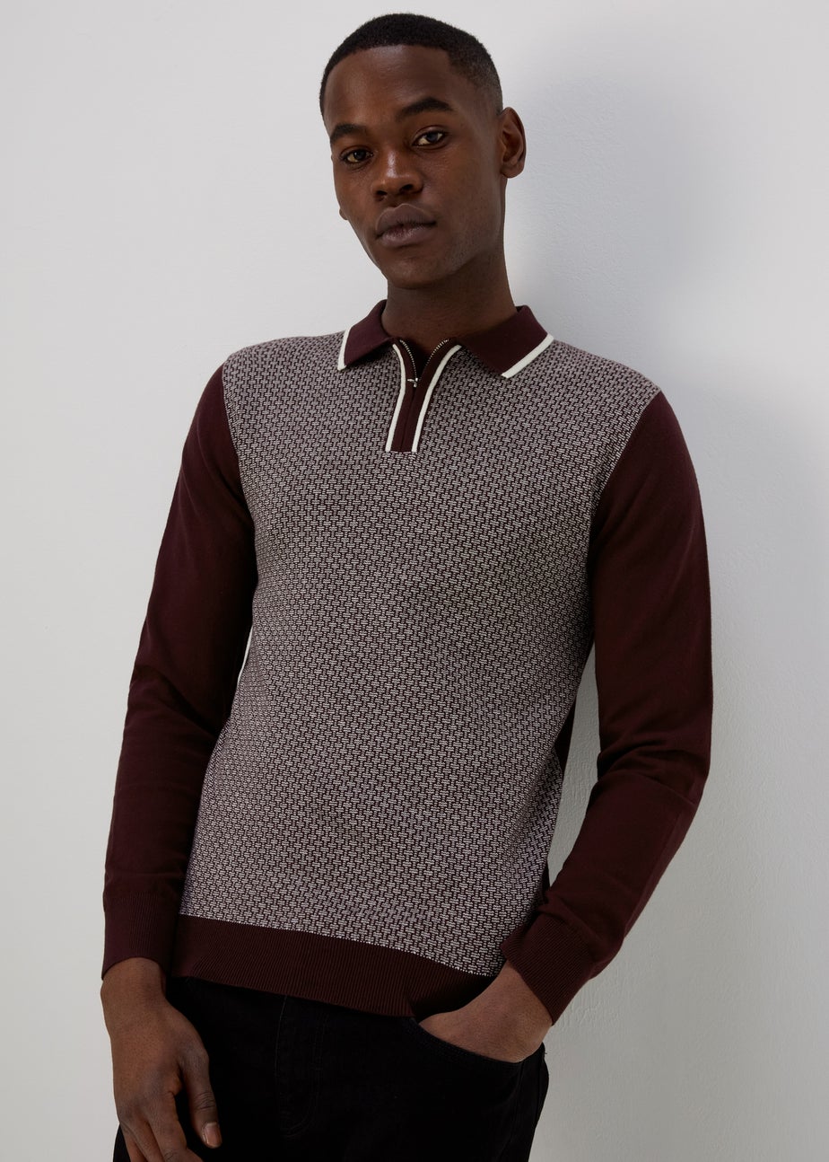 Burgundy Geometric Print Long Sleeve Zip Up Polo Shirt