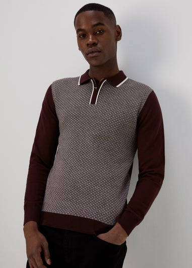 Burgundy Geometric Print Long Sleeve Zip Up Polo Shirt