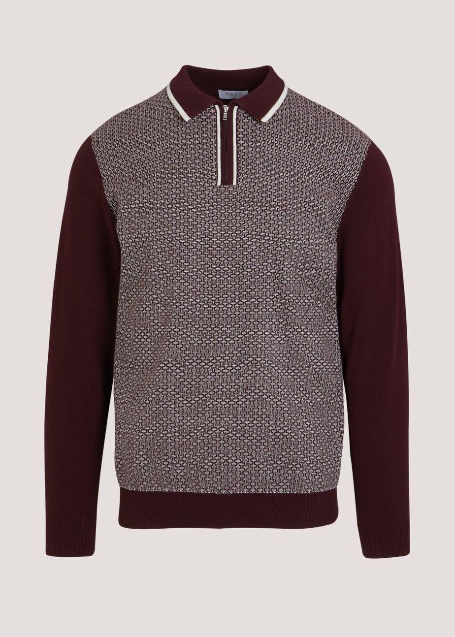 Burgundy Geometric Print Long Sleeve Zip Up Polo Shirt