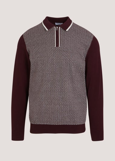 Burgundy Geometric Print Long Sleeve Zip Up Polo Shirt