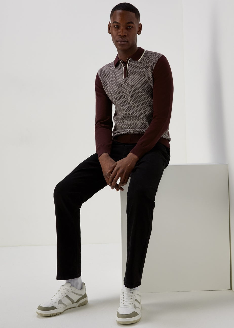 Burgundy Geometric Print Long Sleeve Zip Up Polo Shirt