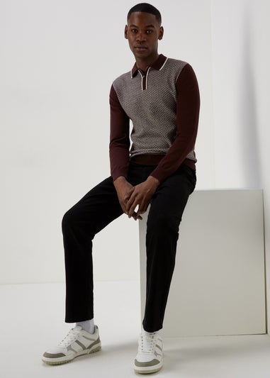 Burgundy Geometric Print Long Sleeve Zip Up Polo Shirt