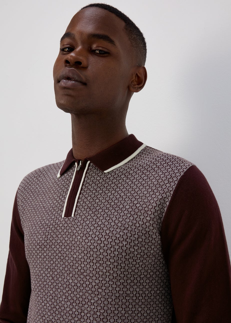 Burgundy Geometric Print Long Sleeve Zip Up Polo Shirt