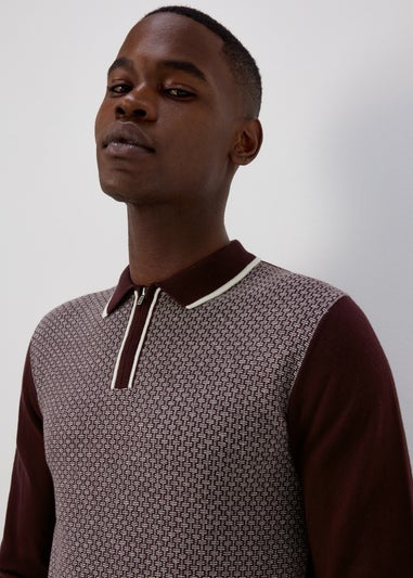 Burgundy Geometric Print Long Sleeve Zip Up Polo Shirt