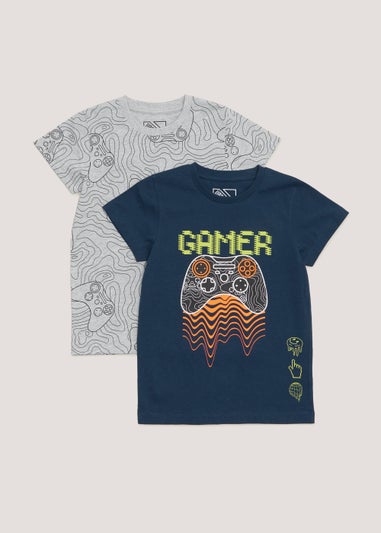 Boys 2 Pack Teal Gamer Print T-Shirts (4-13yrs)